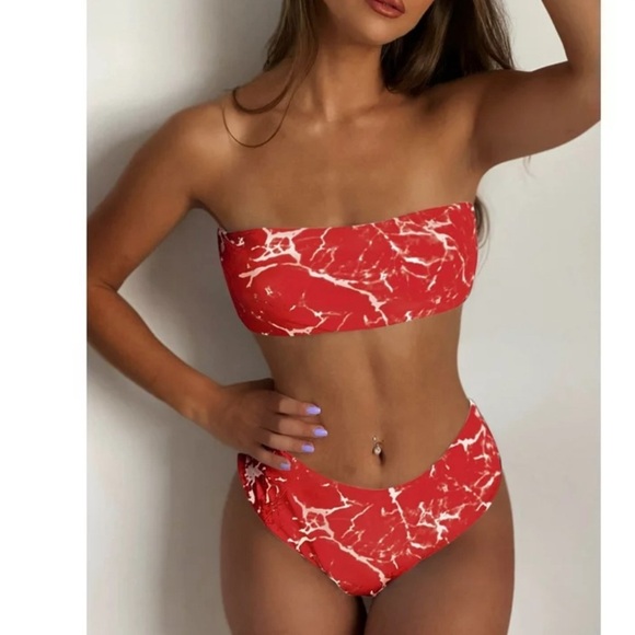 ZAFUL Strapless Marble Print High Waisted Bathing Suit Purple Sage Bush - Picture 1 of 7